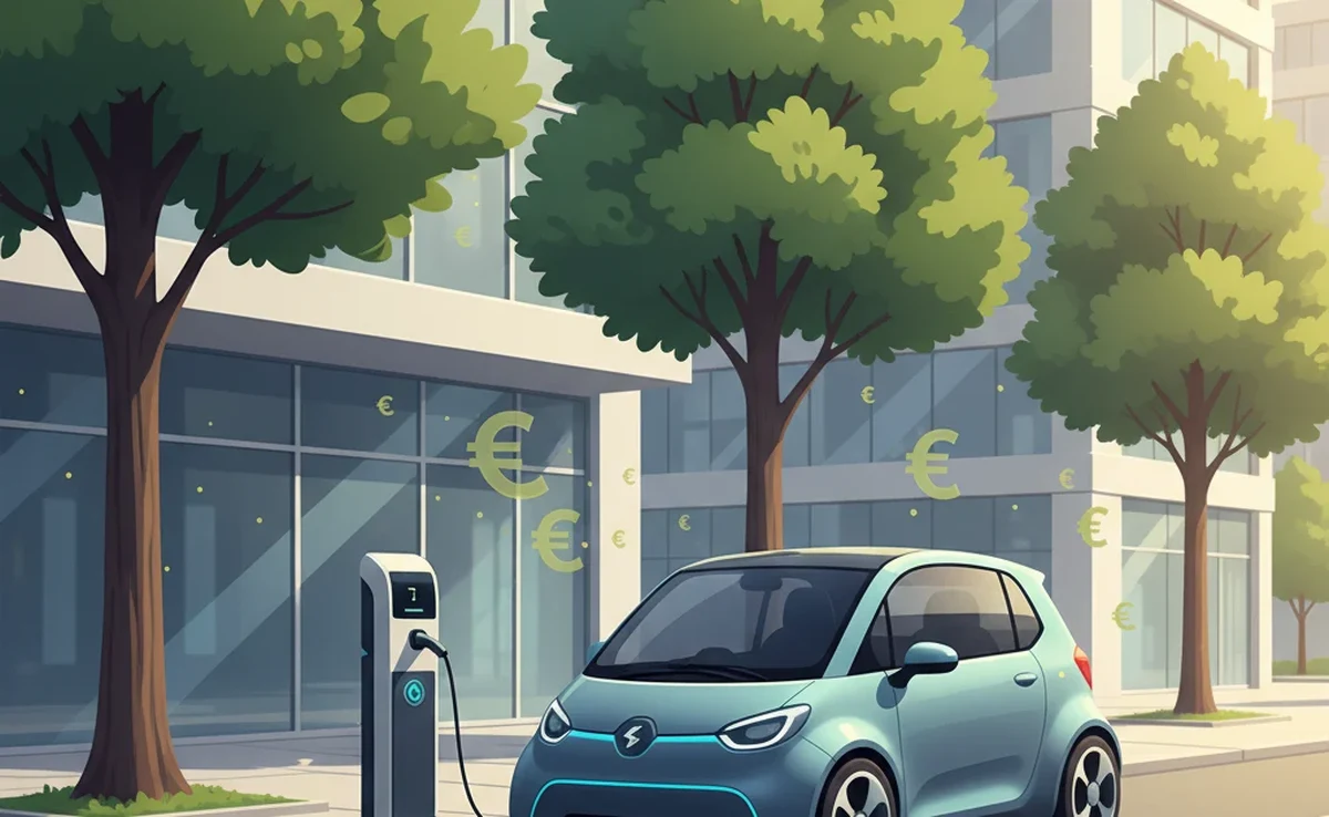 Bonus écologique 2026 : voiture électrique compacte en charge sur une borne dans un cadre urbain français