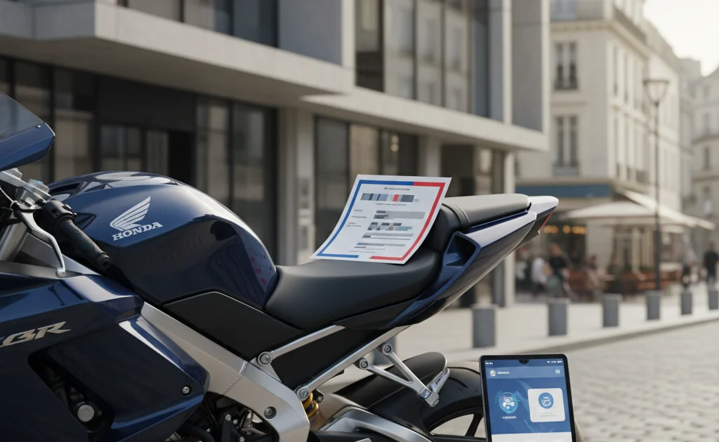 Moto stationnée avec un certificat d'immatriculation illustrant la carte grise moto 2026