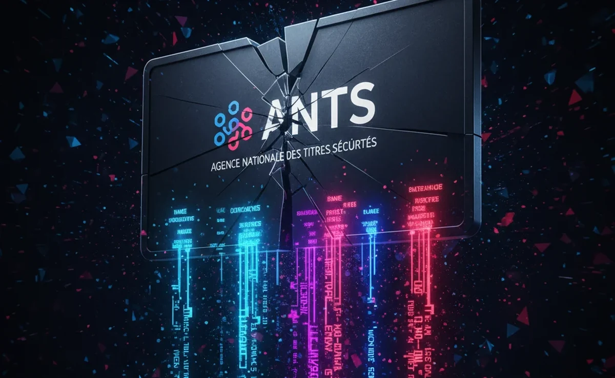 Fuite de données ANTS 2025 — écran officiel fissuré avec données personnelles carte grise et permis exposées