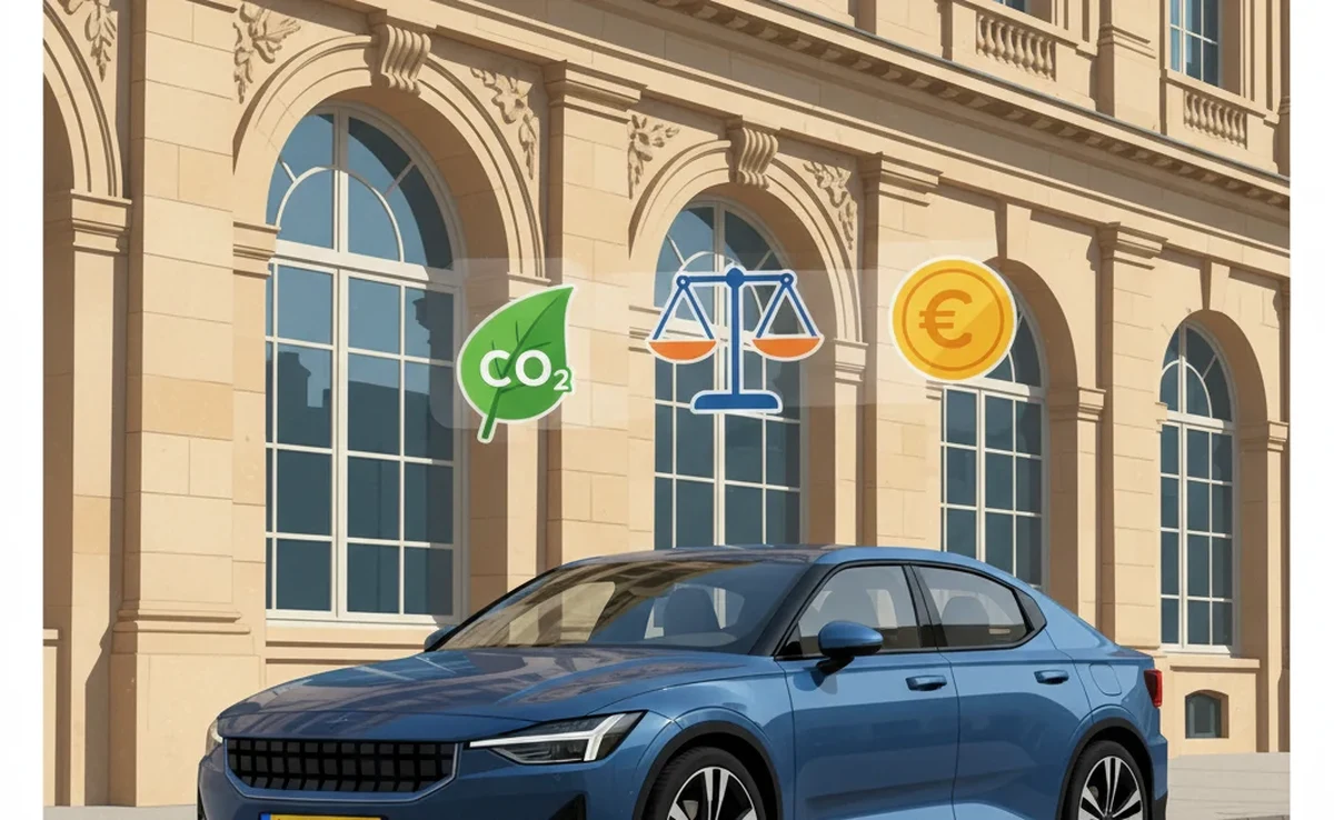 Véhicule d'occasion importé devant une préfecture française avec symboles malus écologique CO2 et malus au poids