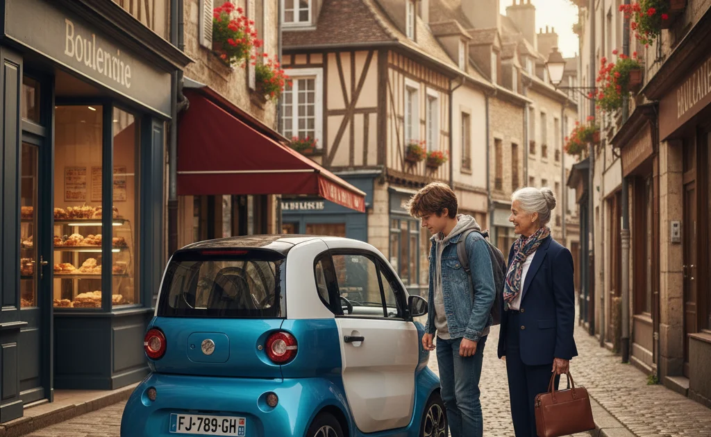 Voiture sans permis législation 2026 : diversité des conducteurs en France Voiture sans permis en ville illustrant la législation 2026 pour adolescents et seniors en France