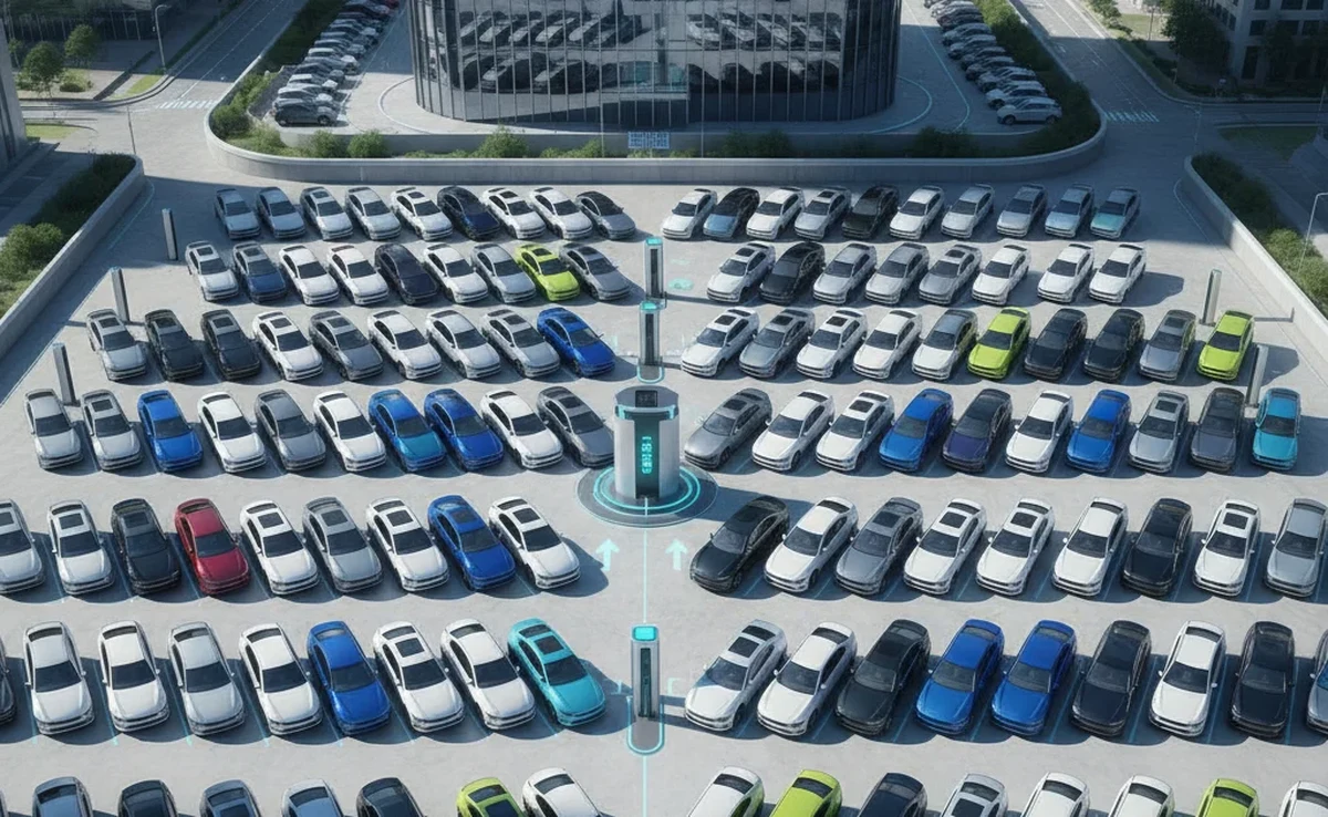 Boom des immatriculations électriques mars 2026 : parking urbain rempli de voitures électriques neuves en charge