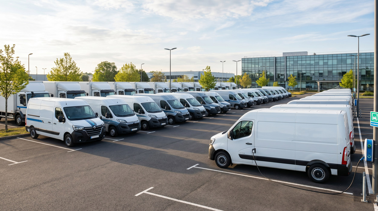 Flotte de véhicules utilitaires d'entreprise multi-énergies en parking professionnel