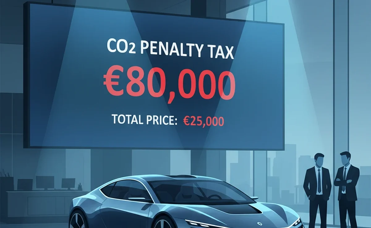 Malus écologique 2026 : voiture neuve en concession avec affichage du barème CO2 et plafond à 80 000 euros