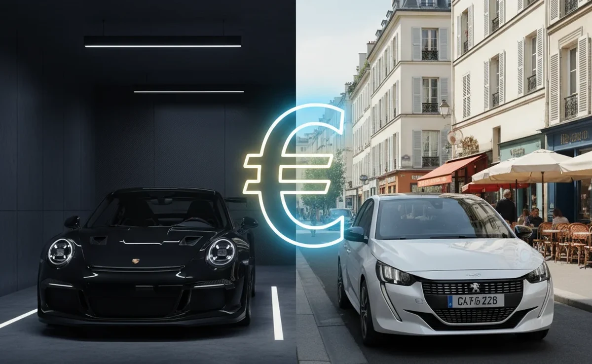 Malus écologique 2026 : Porsche 911 GT3 RS face à Peugeot 208, comparaison visuelle du paradoxe fiscal CO2