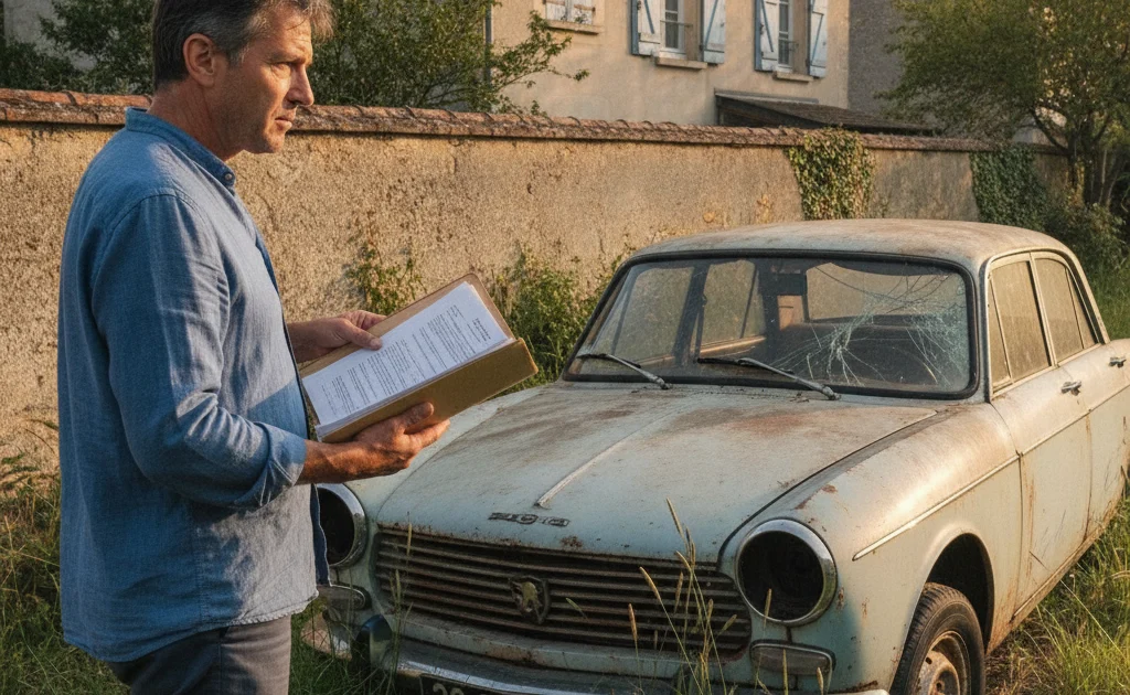 Se débarrasser d'une épave de voiture sans carte grise : la situation type Propriétaire devant une épave de voiture sans carte grise prêt à entamer les démarches de destruction en 2026