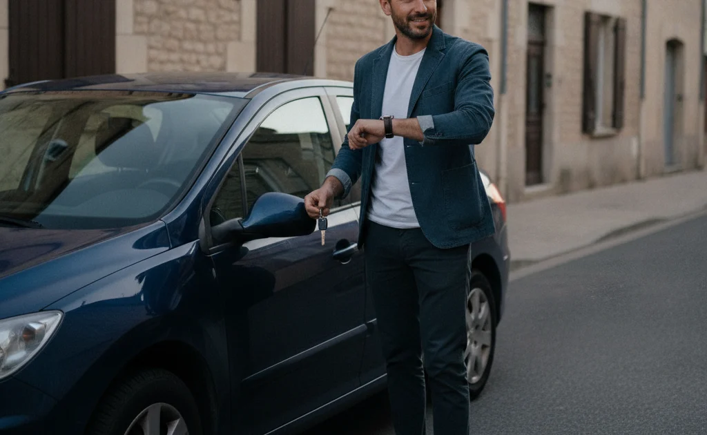 Automobiliste avec clés en main regardant sa montre après achat d'une voiture d'occasion — délai carte grise