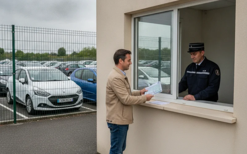 Récupération d'un véhicule au guichet de la fourrière avec les documents requis Automobiliste présentant ses documents au guichet pour récupérer son véhicule en fourrière