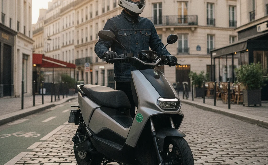 Scooter électrique homologué prêt à circuler en ville en 2026 Scooter électrique homologué garé dans une rue parisienne avec plaque d'immatriculation française