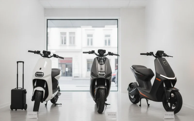 Meilleurs scooters électriques homologués 125cc à choisir en 2026 Trois scooters électriques homologués 125cc exposés en showroom, modèles 2026 recommandés