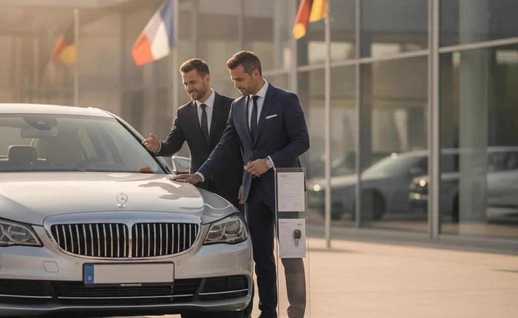 Acheter une voiture en Allemagne — acheteur inspectant un véhicule sur un parc auto allemand
