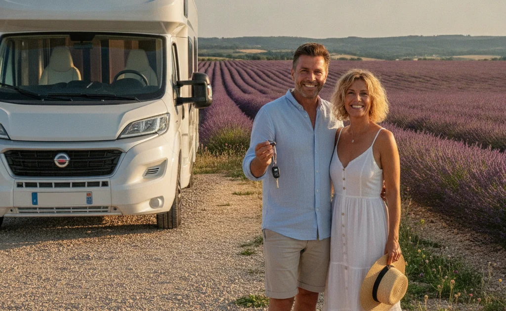 Camping-car blanc stationné en Provence avec ses propriétaires – guide carte grise camping-car 2026