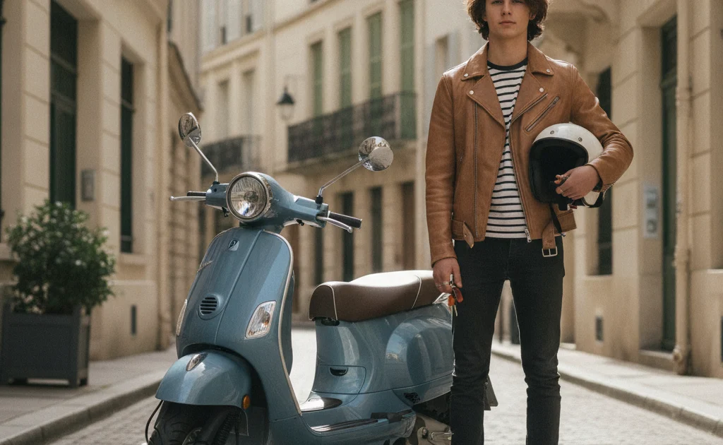Scooter 50cc garé dans une rue française avec son conducteur casque sous le bras — guide carte grise 2026
