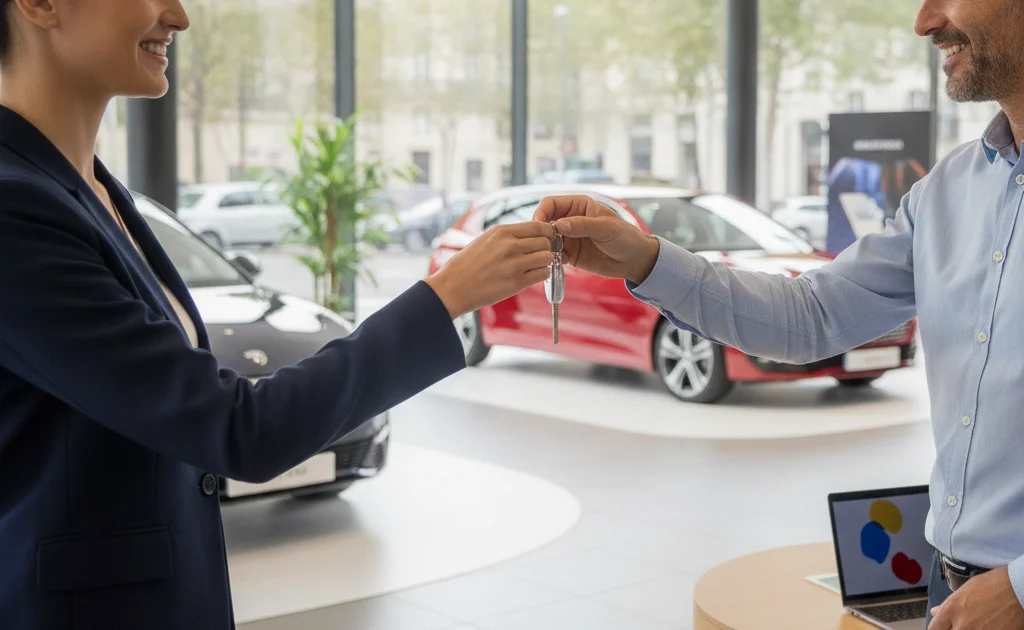 Carte grise véhicule neuf 2026 – automobiliste recevant les clés de sa voiture neuve en concession