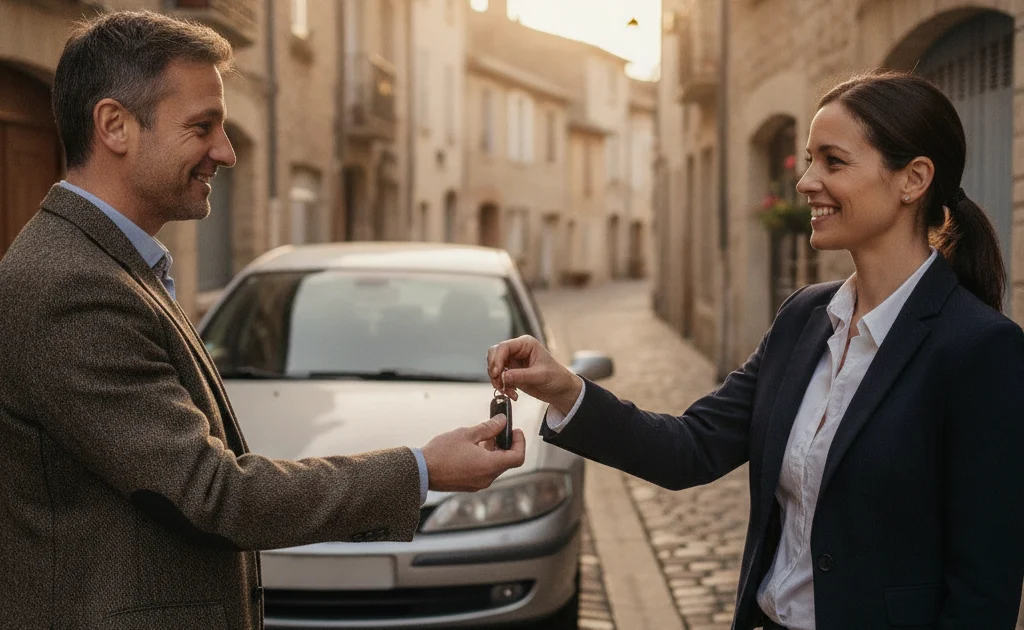 Carte grise voiture d'occasion 2026 - acheteur recevant les clés devant un véhicule d'occasion
