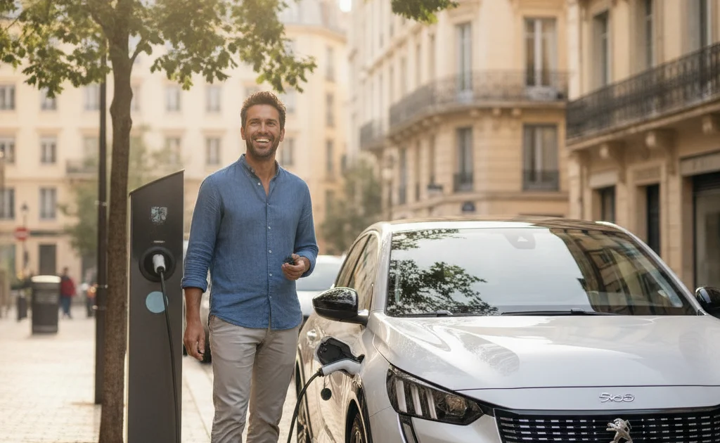 Exonération taxe régionale carte grise 2026 — voiture électrique branchée à une borne de recharge en France