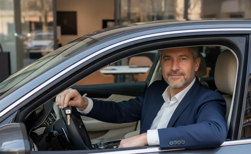 Carte grise leasing à quel nom — automobiliste avec les clés de son véhicule en concession