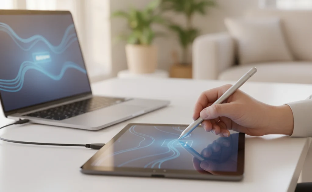 Signature électronique carte grise 2026 — automobiliste signant numériquement sur tablette devant un ordinateur